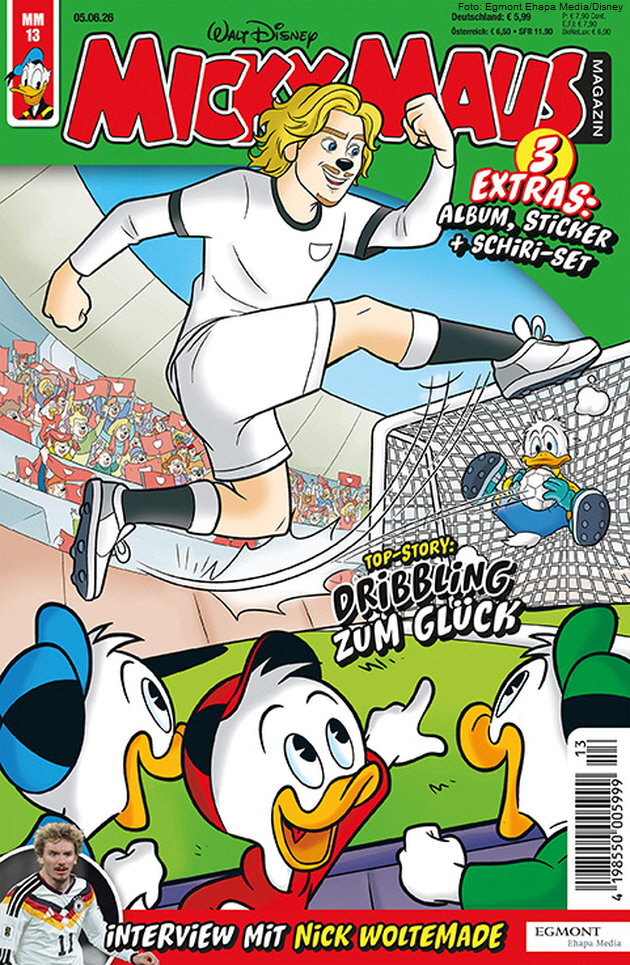 Fu�ballstar Nick Woltemade duckifiziert im Micky Maus Magazin. Foto: Egmont Ehapa Media/Disney