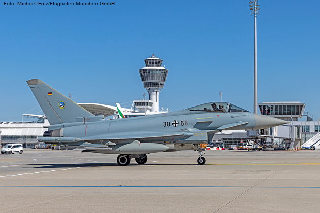 Eurofighter der Bundeswehr landet am Münchner Airport. Foto: Michael Fritz/Flughafen München GmbH